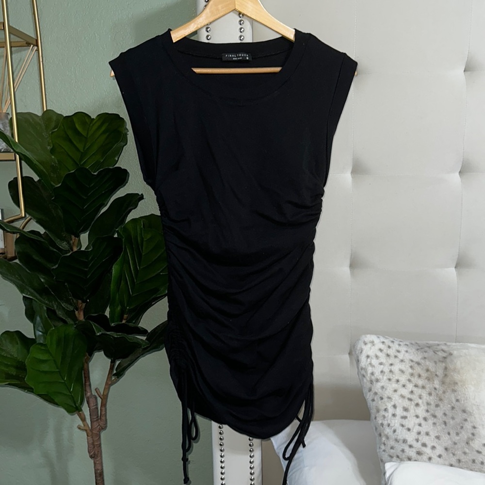 Black tank mini dress with rouching and ties on the sides